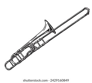 Vector realistic line ink illustration of the trombone