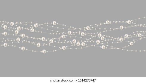 Vector realistic Line of white beads garland thread isolated. Set for Celebratory Design, Xmas Holiday greeting card. Christmas decorations. Decorative design element white bead.