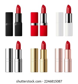 Vector realistic lipstick packaging collection. Black, white, red, silver, gold, rose gold plastic tubes isolated on white background. Set of cosmetic products templates.