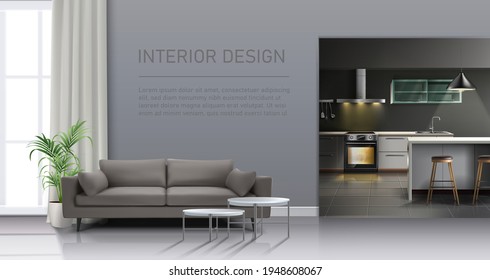Vector realistic living room interior with big window and sofa, kitchen with kitchen appliances. - Shutterstock ID 1948608067