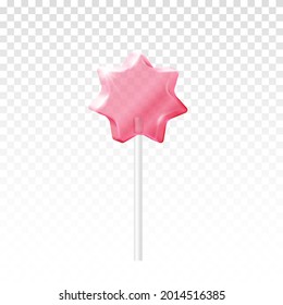 Vector realistic lollipop. Isolated pink transparent star shaped candy on a stick on white background