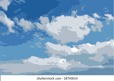 Vector: realistic looking cloudy sky. Layered per color for easier editing. No gradients used.