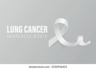 Vector Realistic Lung Cancer Awareness Banner With White Ribbon. Realistic White Ribbon on Gray Background. Lung Cancer Support Symbol. Medical Banner, Health Campaign. White Ribbon Loop Illustration