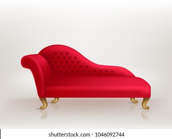 Vector realistic luxurious red sofa with golden carved legs isolated on background. Gilded antique royal couch in victorian style. Object of interior, expensive and exclusive furniture for vip person