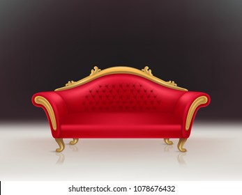 Vector realistic luxurious red velvet sofa with golden carved legs on black background, white floor. Gilded antique royal couch in victorian style. Interior concept, vintage settee