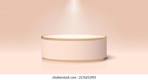 Vector realistic luxury elegant podium and light beam, surrounded glitter. 3D render of a beige and gold cylinder on gradient background. Premium banner with illuminated platform for product showcase