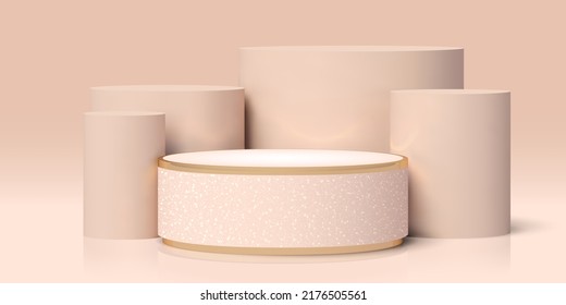 Vector realistic luxury elegant podium, surrounded cylinders. 3D render of a beige and gold pedestal, decorated with glitter on gradient background. Premium banner with a platform for product showcase