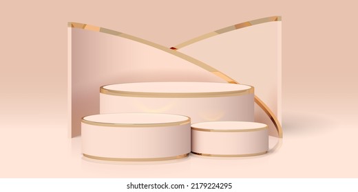 Vector realistic luxury elegant podium and screens. 3D render of three beige and gold cylinders on gradient background. Premium banner with illuminated platforms for product showcase
