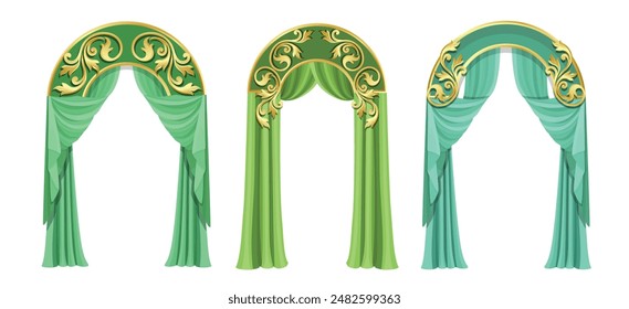 Vector realistic luxury Green curtains in victorian style isolated on background. Decorative silk cloth with folds for cinema, theater, concert posters. EPS vector illustration.