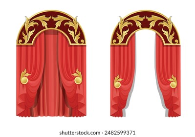 Cortinas rojas de Vector realista de lujo en estilo victoriano aislado en el fondo. Paño de seda decorativo con pliegues para cine, teatro, carteles de conciertos. ILUSTRACIÓN VECTORIAL EPS.