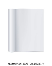 Vector realistic magazine with rolled page. Blank catalog or brochure on white background. Open vertical template. Mockup. Front view. Editable design. EPS10.