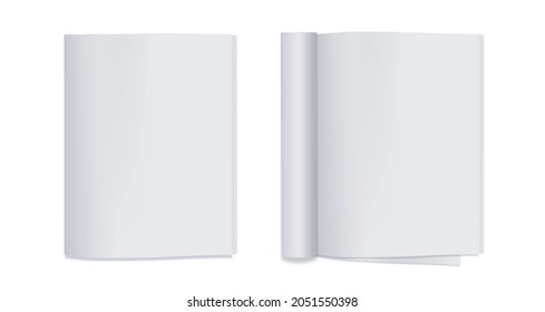Vector realistic magazines with rolled page and soft cover. Open and closed. Blank Magazine, catalog or brochure on white background. Mockup. front view. EPS10. 