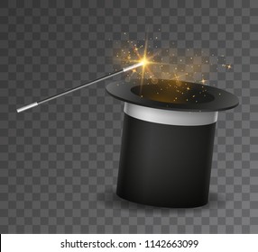 Vector realistic magic wand and hat with golden light effects isolated on transparent background