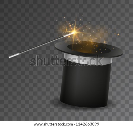 Vector realistic magic wand and hat with golden light effects isolated on transparent background