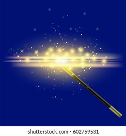 Vector Realistic Magic Wand with Starry Lights on Blue Background