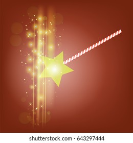 Vector Realistic Magic Wand with Starry Lights on Red Background