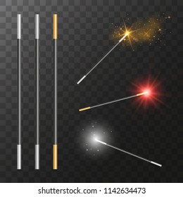 Vector realistic magic wands with transparent colorful light effects on dark background