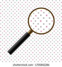 Realistischer Meister der Vektorillustration. Einziges Gold-Metall-Zierglas mit schwarzem Griff vergrößerndem Punktmuster. Zoom-Tool mit optischen Linsen. Wissenschaftliche oder Detektive Forschung, Studie, Discovery-Konzept.