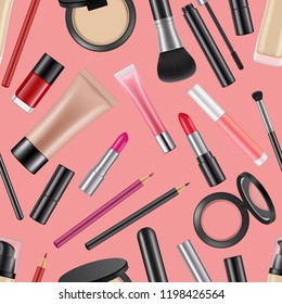 Vector realistic makeup elements pattern or background illustration. Makeup beauty and glamour cosmetic, brush and mascara
