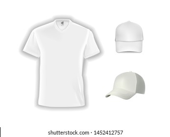 Vector realistic male white t-shirt and baseball cap. Isolated drawing of white t-shirts and baseball caps on a white background.