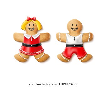 Vector realistic man, woman gingerbread characters. Male female delicious christmas holiday traditional sweet food, cookies in festive clothing icing. Xmas food, dessert, greeting decoration design