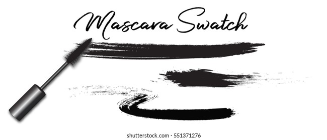 Vector realistic mascara brush, swatches isolated on white background. Cosmetics product concept, grunge brush.