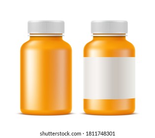 Vektor-realistische Medikamente und Pillen Flasche aufgetaucht. Orangefarbene Blindschmerzmittel, Antibiotikabehälter für pharmazeutische Produkte. Leeres Arzneimittel-Glas mit Deckel ohne Design.