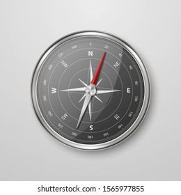 Vector Realistic Vector Metal Silver Steel Chrome Antique Old Vintage Compass with Windrose and Black Dial Icon Closeup Isolated on White Background. Design Template. Travel, Navigation Concept