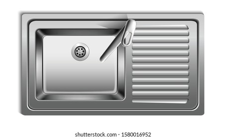 Vector realistic metal sink from top view. Isolated on white background.