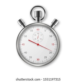 Vector Realistic Metal Steel Silver Gray Classic Stopwatch Icon Closeup Isolated on White Background. Stop-watch Design Template. Sport Timer on Competitions. Start, finish, Time Management. Top View - Powered by Shutterstock - Get 15% off with code: PIKWIZARD15