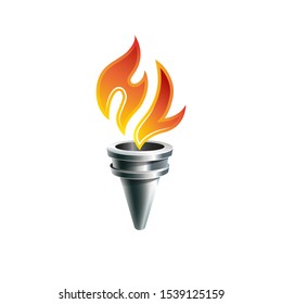 Vector realistic metal torch with flame. HL logo concept in abstract fire silhouette.