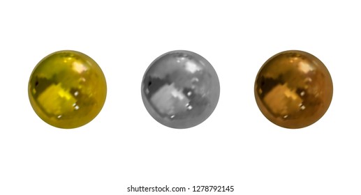 Vector Realistic Metallic Balls Collection Isolated on White Background: Golden, Silver and Bronze Elements.