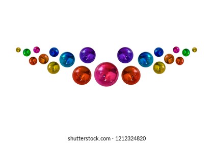 Vector Realistic Metallic Colorful Balls, Divider Line Template, Festive Illustration Isolated on White Background.