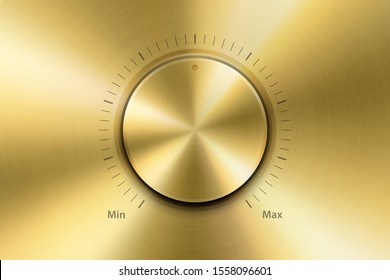 Vector Realistic Metallic Golden Knob. Design Template of Metal Gold Textured Circle Button Closeup. Circular Processing, Power Volume Playback Control, Mininmum, Maximum. Stock Vector Illustration