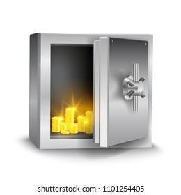 Vector realistic metallic open safe with shining gold coins isolated on white background