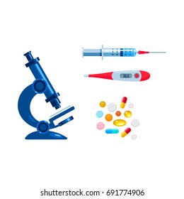 Vector realistic microscope, thermometer syringe, pills and capsules set. Illustration isolated on a white background. surgery medicine first aid symbol. Sign of emergency healthcare doctor and nurse