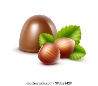 Vector Realistic Milk Chocolate Candy with Hazelnuts Close up Isolated on White Background