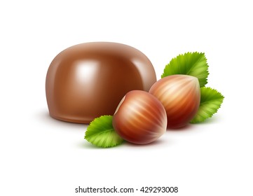 Vector Realistic Milk Chocolate Candy with Hazelnuts Close up Isolated on White Background