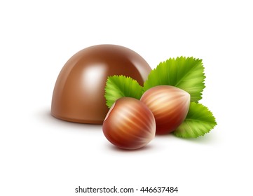 Vector Realistic Milk Chocolate Candy with Hazelnuts Close up Isolated on White Background