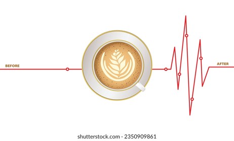 Vector Realistic Milk Foam Coffee with heart lines in white Ceramic, Coffee Mug on white background. Capuccino, Latte. Concept Creative Banner with Coffee Cup. Design Template. Top View
