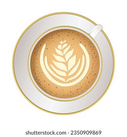 Vector Realistic Milk Foam Coffee in white Ceramic, Coffee Mug on white background. Capuccino, Latte. Concept Creative Banner with Coffee Cup. Design Template. Top View