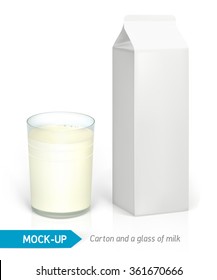 Vector realistic  milk glass and white cardboard package for dairy products, juice or milk. Mock-up packages