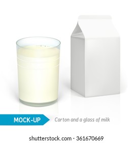 Vector realistic milk glass and white cardboard package for dairy products, juice or milk. Mock-up packages