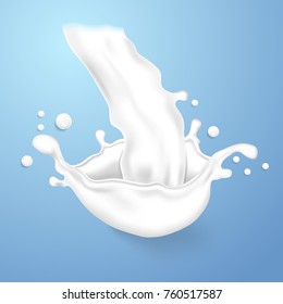 Vector realistic milk icon. Splashes, white drops on blue background