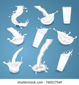 Vector realistic milk icons. Splashes, glasses, white drops on blue background