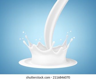 Ropa de leche vectorial realista. salpicadura de corona de leche aislada en fondo azul