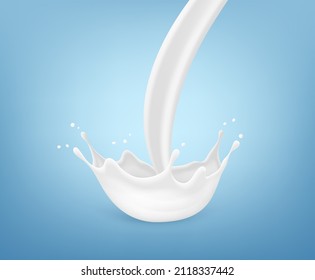 Ropa de leche vectorial realista. salpicadura de corona de leche aislada en fondo azul
