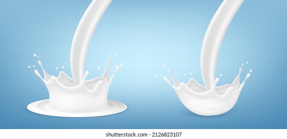 Vector realistic milk splash. Milk crown splash set isolated on blue background 