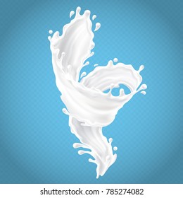 Vector realistic milk splash with drops isolated on blue transparent background. Natural dairy products, cream or yogurt, 3d illustration. Template for mockup, package desing, promotion flyer, banner