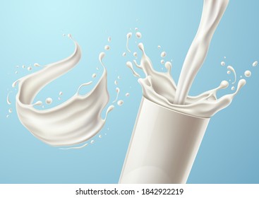 Vector realistic milk splash in glass. Dairy beverage design element. Healthy organic drink motion with drops. Splashing yogurt.